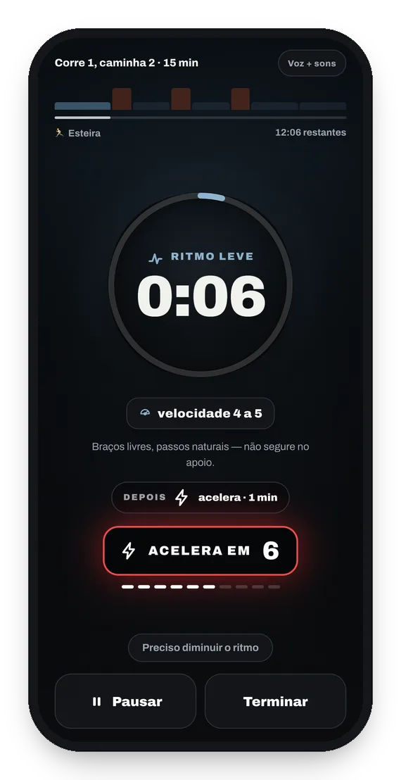 Tela do cardio guiado em andamento, com o ritmo do trecho e o aviso da próxima troca