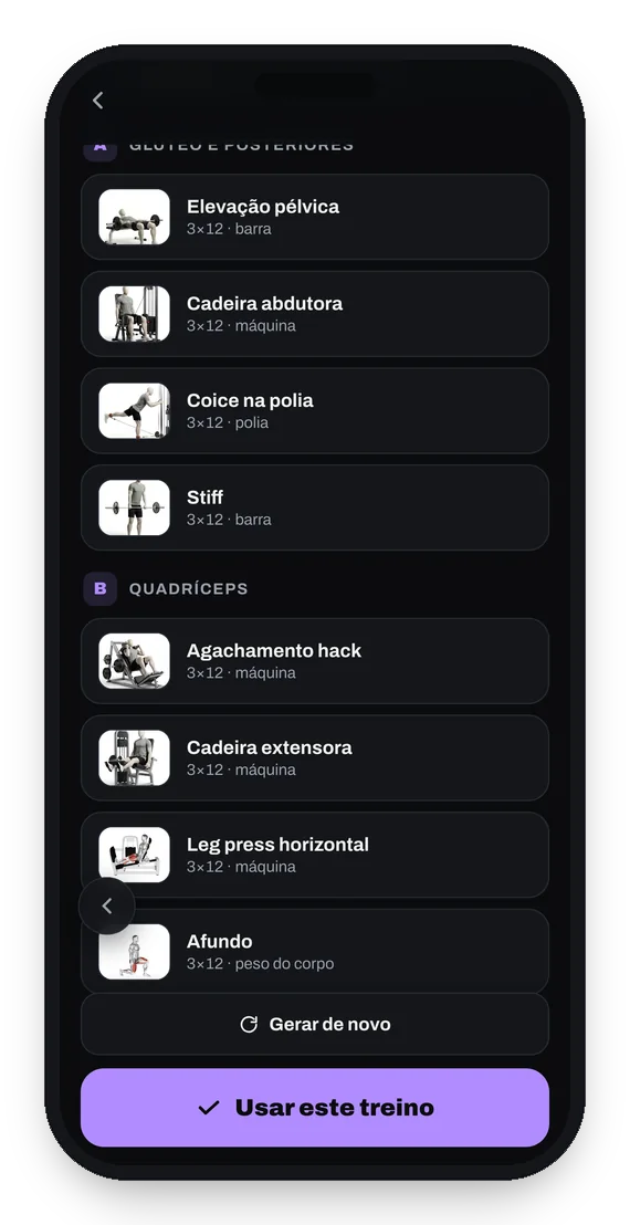 Ficha pronta aberta no app: exercícios de glúteos e posteriores, cada um com a demonstração ao lado