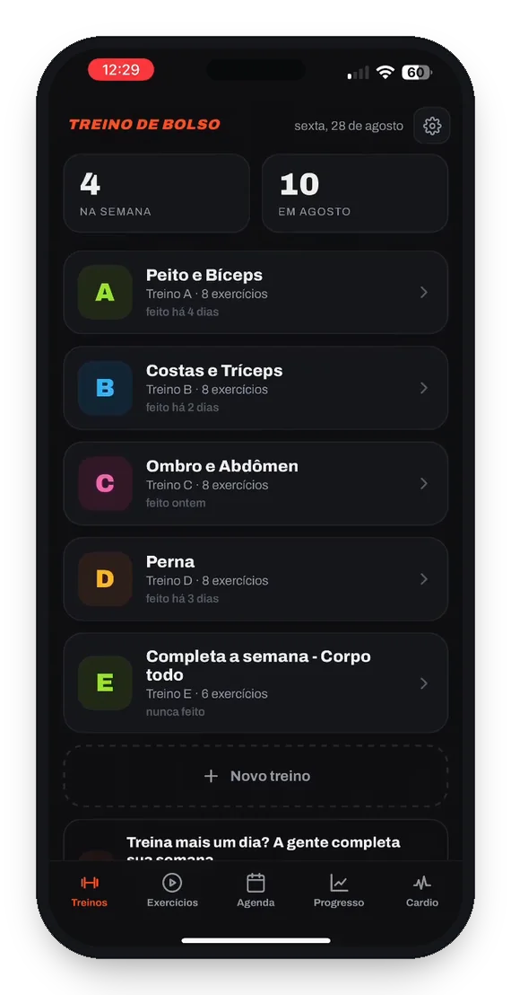 Tela de início do app com os treinos A a E da semana, a contagem de treinos e o botão de novo treino