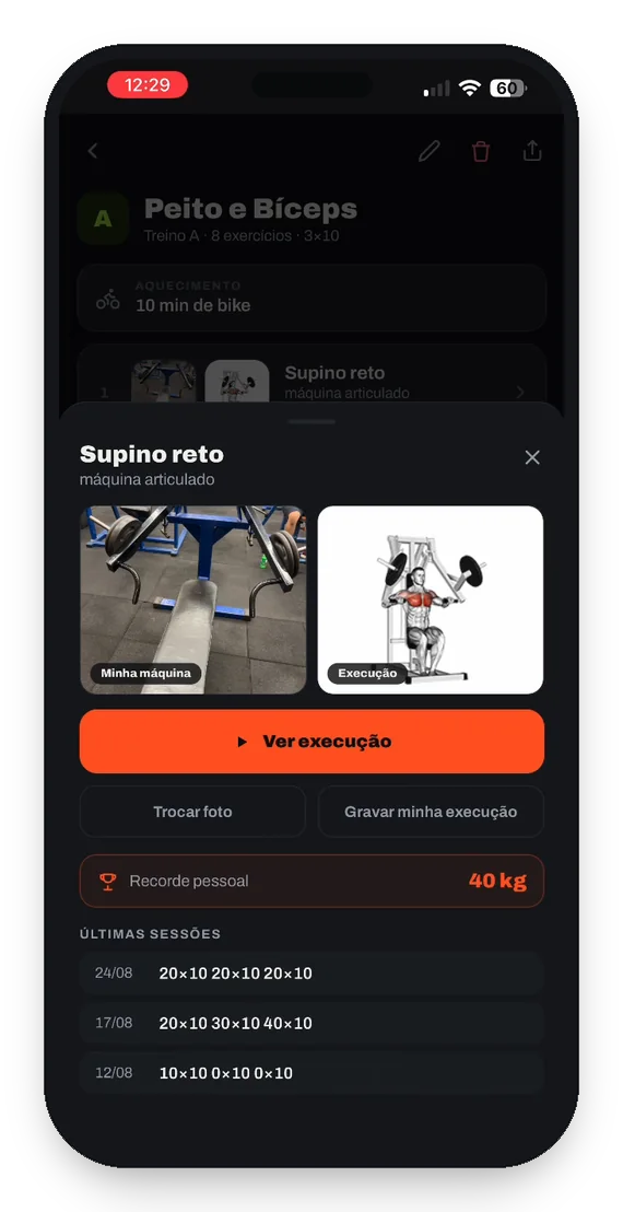 Tela do app com a foto do aparelho da academia ao lado da demonstração do exercício