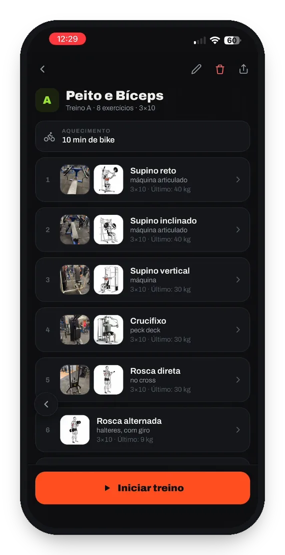 Tela do treino do dia no app, com os exercícios na ordem e o botão de iniciar